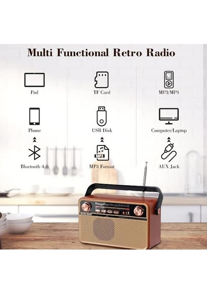 Coverzone Retro Radyo Taşınabilir Bluetooth Speaker ve Hoparlör Klasik Antika Tarzı Iç ve Dış Mekan Multiband USB Girişli Dekoratif Klasik Radyo CV-5050