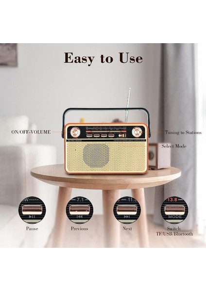 Coverzone Retro Radyo Taşınabilir Bluetooth Speaker ve Hoparlör Klasik Antika Tarzı Iç ve Dış Mekan Multiband USB Girişli Dekoratif Klasik Radyo CV-5050