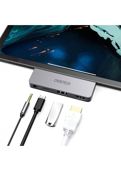 Apple iPad Pro Adaptörü Için Choetech Bağlantı Istasyonu Hub USB Tip C 4'ü 1 Arada 60W Pd Siyah (HUB-M13):