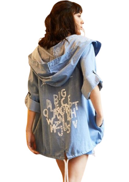 Kadın Mavi Kabartma Baskılı Ince Kapüşonlu Salaş Arkası Uzun Ceket fiyatları