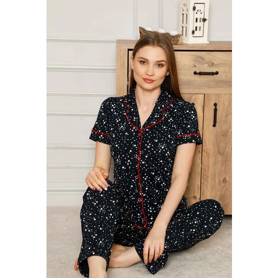 Farya Home Dreamy Pamuklu Yıldız Desenli Biyeli Kısa Kollu Gömlek Pijama Takımı