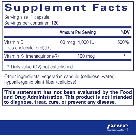 Pure Encapsulations Vitamin D3 & K2 Mk7 Menaquinone Hypoallergenic 120