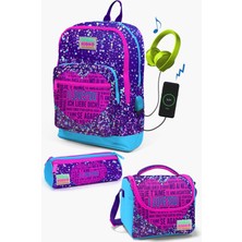 Coral High Kids Mor Mavi Pembe Kalp Desenli Usb'li 3’lü Okul Çanta Seti SET0123840