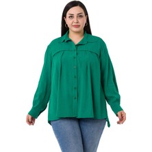 Disentis Modest Büyük Beden Göğüs Detaylı Kol Ağzı ve Sırtı Pileli Yeşil Gömlek