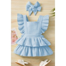 İpek Atlas Kız Bebek ve Çocuk Müslin Fırfırlı Bandanalı Kısa Kollu Elbise