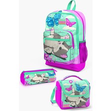 Coral High Kids Su Yeşili Pembe Kedi Desenli 3’lü Okul Çanta Seti SET0123707