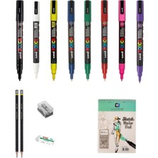 Uni Posca Marker Kalemi Çizim Seti 3 + 3m (0.9 - 1.3mm) 8'li Set