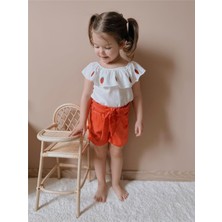 Mia Bambim Çilek Nakışlı Bluz ve Parlak Kumaş Bağlamalı Şort