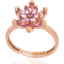 925 Gümüş Gümüş Rose Pembe Taşlı Lotus Çiçeği Kadın Yüzük