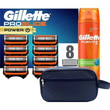 Gillette Proglide Power 8'li Yedek Tıraş Bıçağı Karton Paket + Fusion  200 ml Jel  + Seyahat Çantası