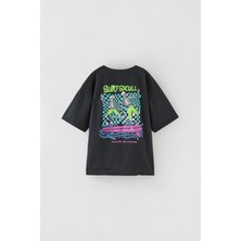 Lolli Boom Kids Yeni Sezon Siyah Renk Skull Surf Oversize Sırt Baskı Detaylı T-Shirt