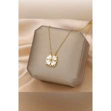 The Collection Gold Sedef Taşlı Açılır Çoklu Kalpli Kapanır Yonca Mıknatıslı Kararmaz Çelik Kolye