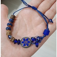 Funny Takı El Yapımı Hint Cam Boncuklu Lacivert Seramik Çiçekli ve Nazar Boncuklu Asimetrik Bileklik