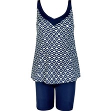 Endeep Kadın Lacivert Geometrik Desenli Tankini Takımı İnce Sünger Kaplı UV Koruma