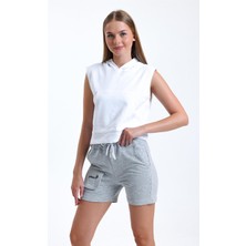 Pulur.co Beyaz Kolsuz Kapüşonlu Crop Sporcu Atlet Tişört