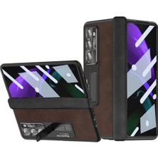 Cool-M Samsung Galaxy Z Fold2 5g Menteşe Koruma Kickstand Case Nappa Doku Pu Deri + Pc Şok Geçirmez Telefon Kapağı Temperli Cam Film ile (Yurt Dışından)