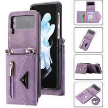 Cool-M Samsung Galaxy Z Flip4 5g Çoklu Kart Yuvası Zipper Cep Kickstand Pu Deri Telefon Kapağı Omuz Kayışı (Yurt Dışından)