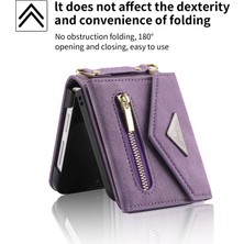 Cool-M Samsung Galaxy Z Flip4 5g Çoklu Kart Yuvası Zipper Cep Kickstand Pu Deri Telefon Kapağı Omuz Kayışı (Yurt Dışından)