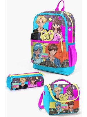 Coral High Kids Gri Mavi Pembe Anime Desenli 3’lü Okul Çanta Seti SET0123737