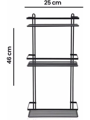 Suntel Banyo ve Mutfak Aksesuarları 3 Katlı Lamalı Düz Banyo Rafı Kancalı Siyah SB056