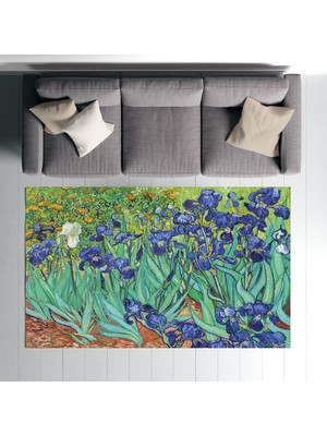 Vagonik Van Gogh Iris Süsen Çiçeği Dijital Baskılı Halı Kaydırmaz Tabanlı Yıkanabilir Halı