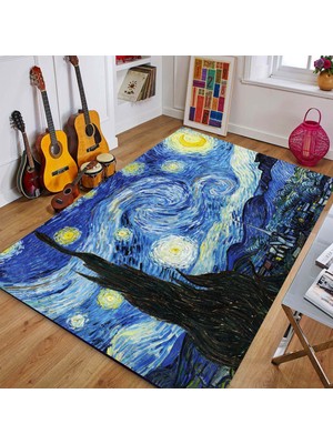 Vagonik Van Gogh Yıldızlı Gece Dijital Baskılı Halı Kaydırmaz Tabanlı Yıkanabilir Halı