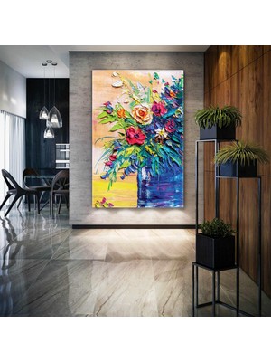 SML Tablo Vazo Içindeki Çiçekler Yağlı Boya Efekti Çiçek Fırça Izleri Dekoratif Kanvas Tablo