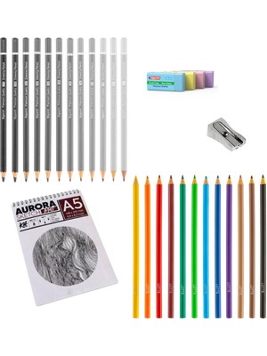 Art Tone Kuru Boya Kalemi Çizim Eskiz Seti 12 Renk + Dereceli Kalem 12'li + Kalemtraş + Renkli Silgi 4'lü