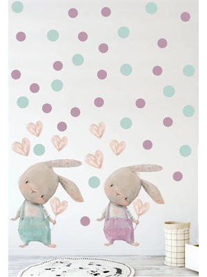 Kt Grup Sevimli Kalpli Tavşan Pembe & Mavi Tulumlu Duvar Sticker Seti