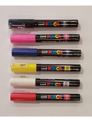 Uni Posca PC-1M 6'lı Set Renkli Kalemler Beyaz Sarı Kırmızı Mavi Pembe Siyah Standart Ölçü