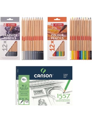 Talens Eskiz Başlangıç Seti - Canson 25X35 Defter - 12'li Dereceli Kalem Seti ve 12'li Kuru Boya Seti