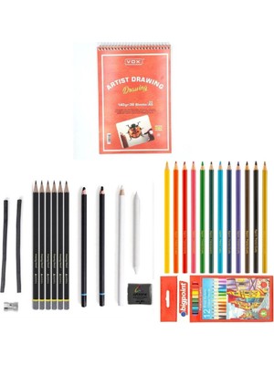 Adel Yayınları Eskiz Set 27 Parça Set 8 + Dereceli Kalem + Kuru Boya + A5 Defter + Hamur Silgi + Kömür + Füzen