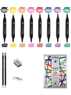 Tinge Marker Kalem Çizim Seti 3 + Marker Defteri + Dereceli Kalem + Silgi + Açacak