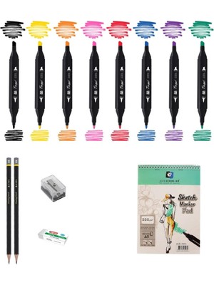 Tinge Marker Kalem Çizim Seti 1 + Marker Defteri + Dereceli Kalem + Silgi + Açacak