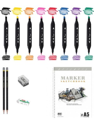 Tinge Marker Kalem Çizim Seti 2 + Marker Defteri + Dereceli Kalem + Silgi + Açacak