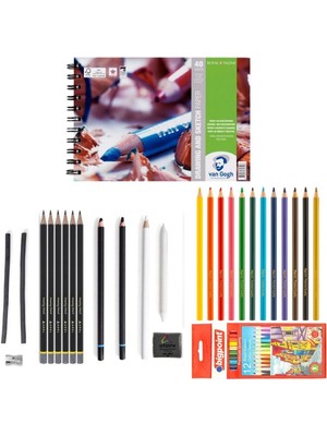 Adel Yayınları Eskiz Set 27 Parça Set 2 + Dereceli Kalem + Kuru Boya + A5 Defter + Hamur Silgi + Kömür + Füzen