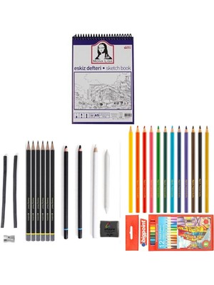 Adel Yayınları Eskiz Set 27 Parça Set 4 + Dereceli Kalem + Kuru Boya + A5 Defter + Hamur Silgi + Kömür + Füzen