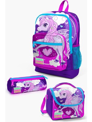 Coral High Kids Mor Pembe Unicorn Desenli 3’lü Okul Çanta Seti Kalemlik ve Beslenme Çantası