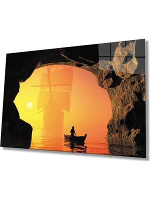 Eliza Home  Gün Batımı Kayık Kaya Manzaralı Cam Tablo