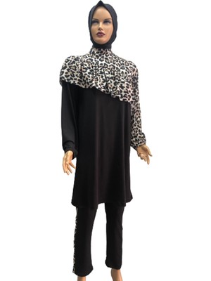 Eflin Kadın Giyim Hasema Leopar Desenli Çapraz Büzgülü Tam Kapalı Tesettür Mayo Siyah-Krem
