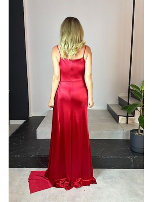 Ges Moda G0565 Drape Detaylı Maksi Abiye Elbise Kırmızı