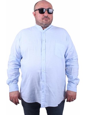 Starbattal Erkek Büyük Beden Likralı Keten Hakim Yaka Cepli Gömlek 11308 Mavı