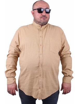 Starbattal Erkek Büyük Beden Likralı Keten Hakim Yaka Cepli Gömlek 11308 Camel