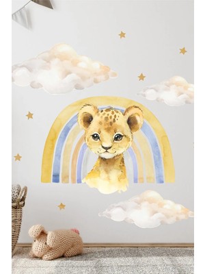 Kt Grup Sevimli Minik Aslan Gökkuşağı Bulutlar ve Yıldızlar Çocuk Odası Duvar Sticker Seti