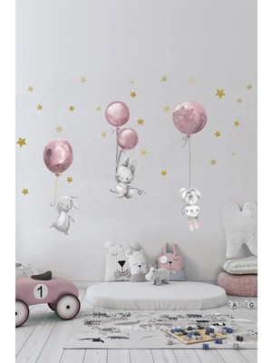 Kt Grup Sevimli Balonlu Tavşanlar ve Yıldızlar Çocuk Odası Duvar Sticker