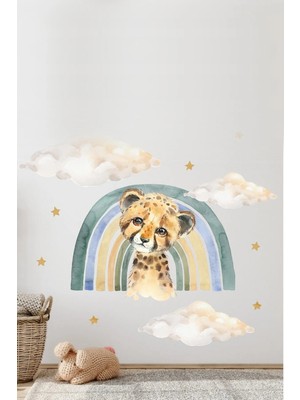Kt Grup Yavru Leopar Gökkuşağı Bulutlar ve 75 Adet Yıldız Çocuk Odası Duvar Sticker Seti