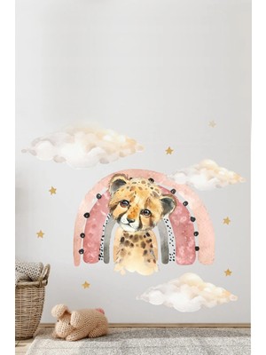 Kt Grup Yavru Leopar Gökkuşağı Bulutlar ve 75 Adet Yıldız Çocuk Odası Duvar Sticker Seti