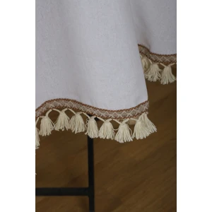 NDC Home Beyaz Keten Şerit Ponponlu Yuvarlak Masa Örtüsü