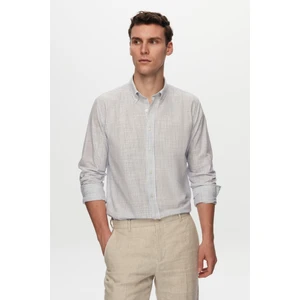 Slim Fit Mavi Ince Çizgili Düğmeli Yaka %100 Pamuk Flamlı Yazlık Keten Görünümlü Gömlek TYC0769335875M0HC02ORT001