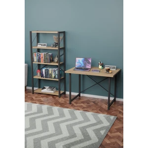 Furnature Design Metal Kitaplık 5 Raflı + 60X90 cm Çalışma Masası Atlantik Çam
